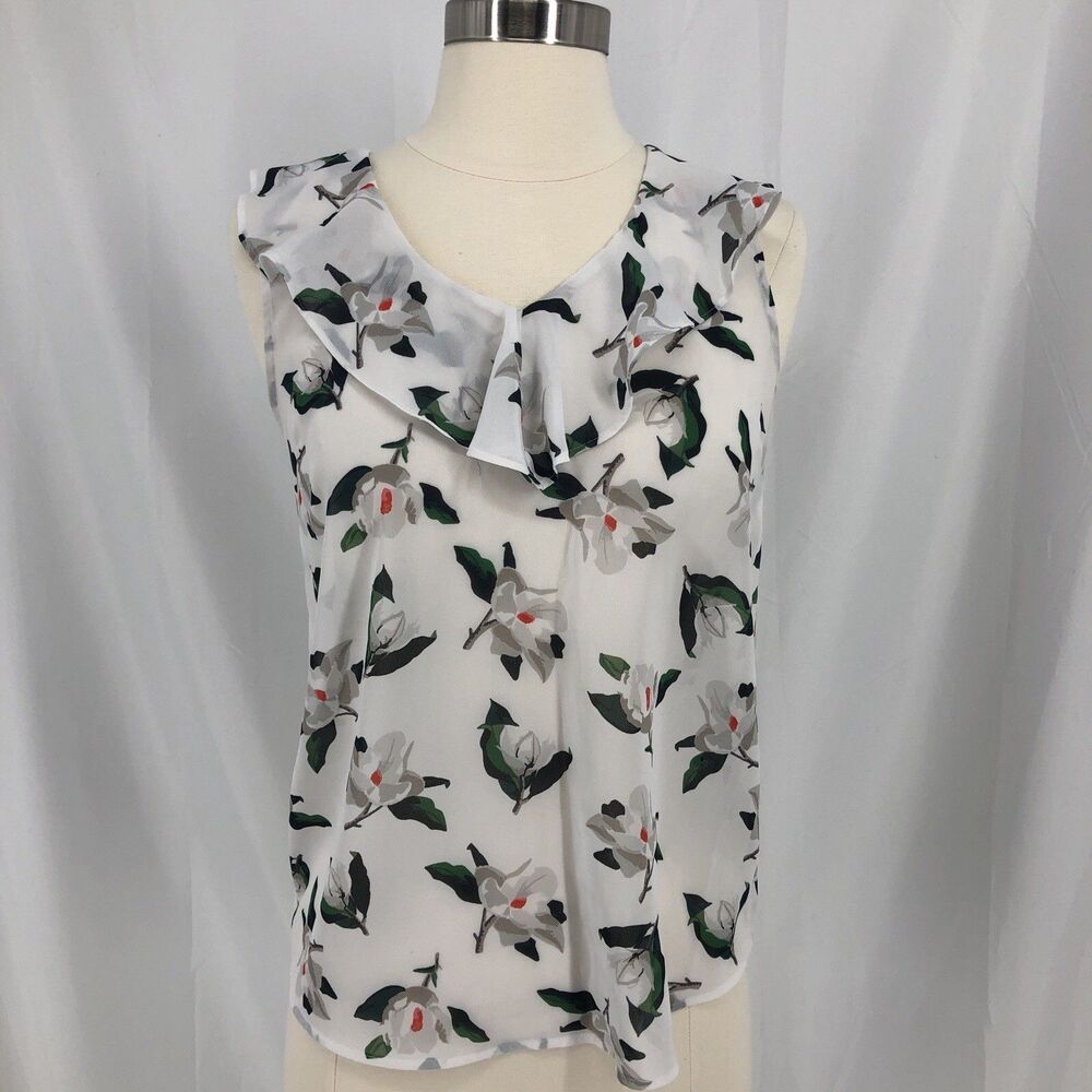 Banana Republic Women Sleeveless Blouse PXS Floral Sheer White Ruffle Neck